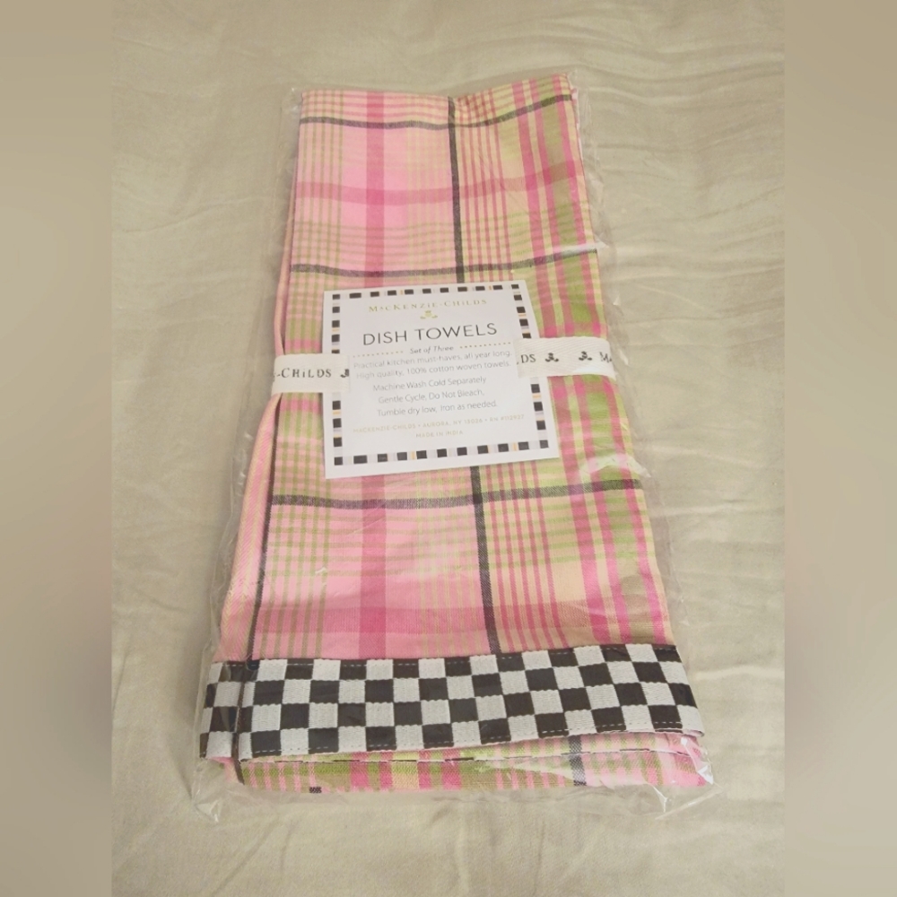 NWT Mackenzie-Childs Dish Towels | Set of Three | Pink and Green - Picture 1 of 5